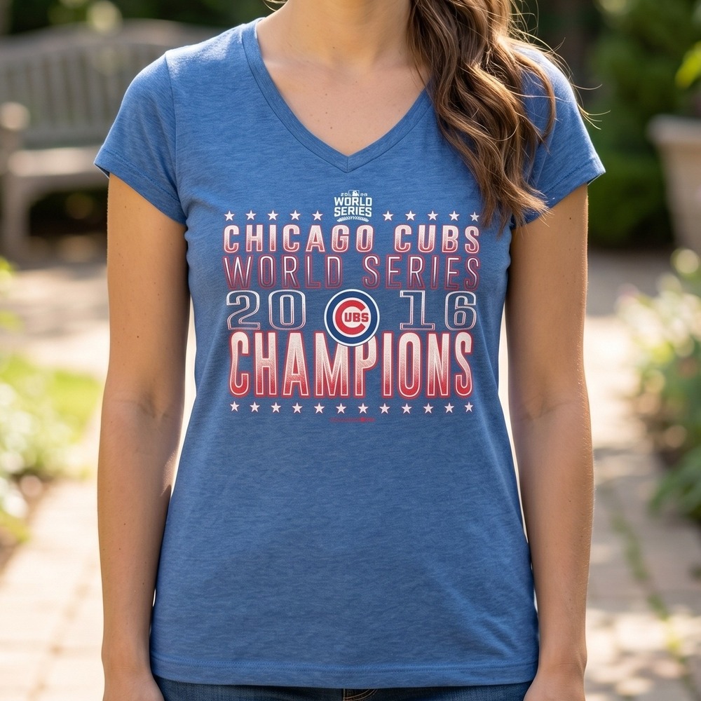 Chicago‎ Cubs 2016 World Series Champions V-Neck T-Shirt Blue Heather Womens L